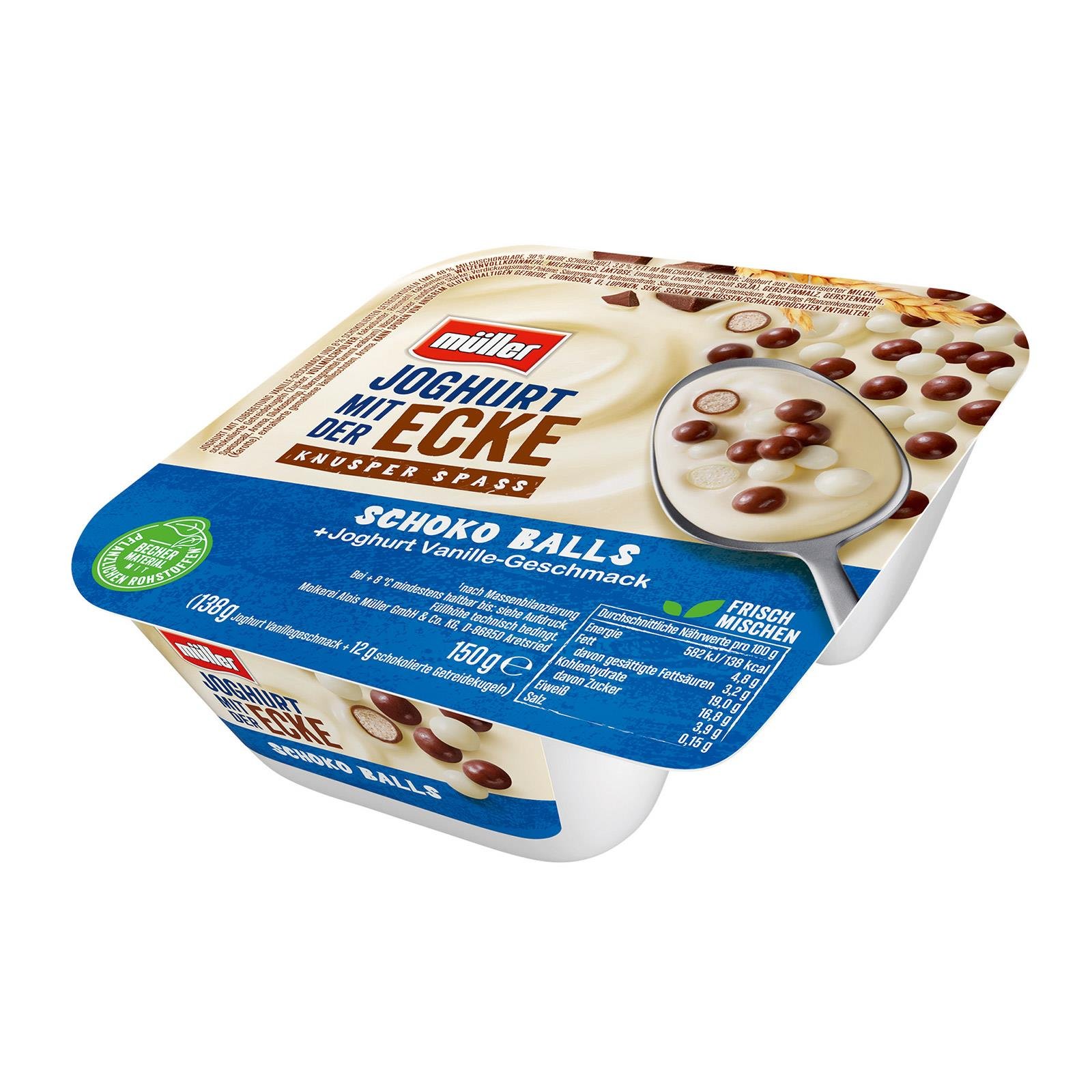 Müller Joghurt mit der Ecke Vanille mit Schoko-Balls