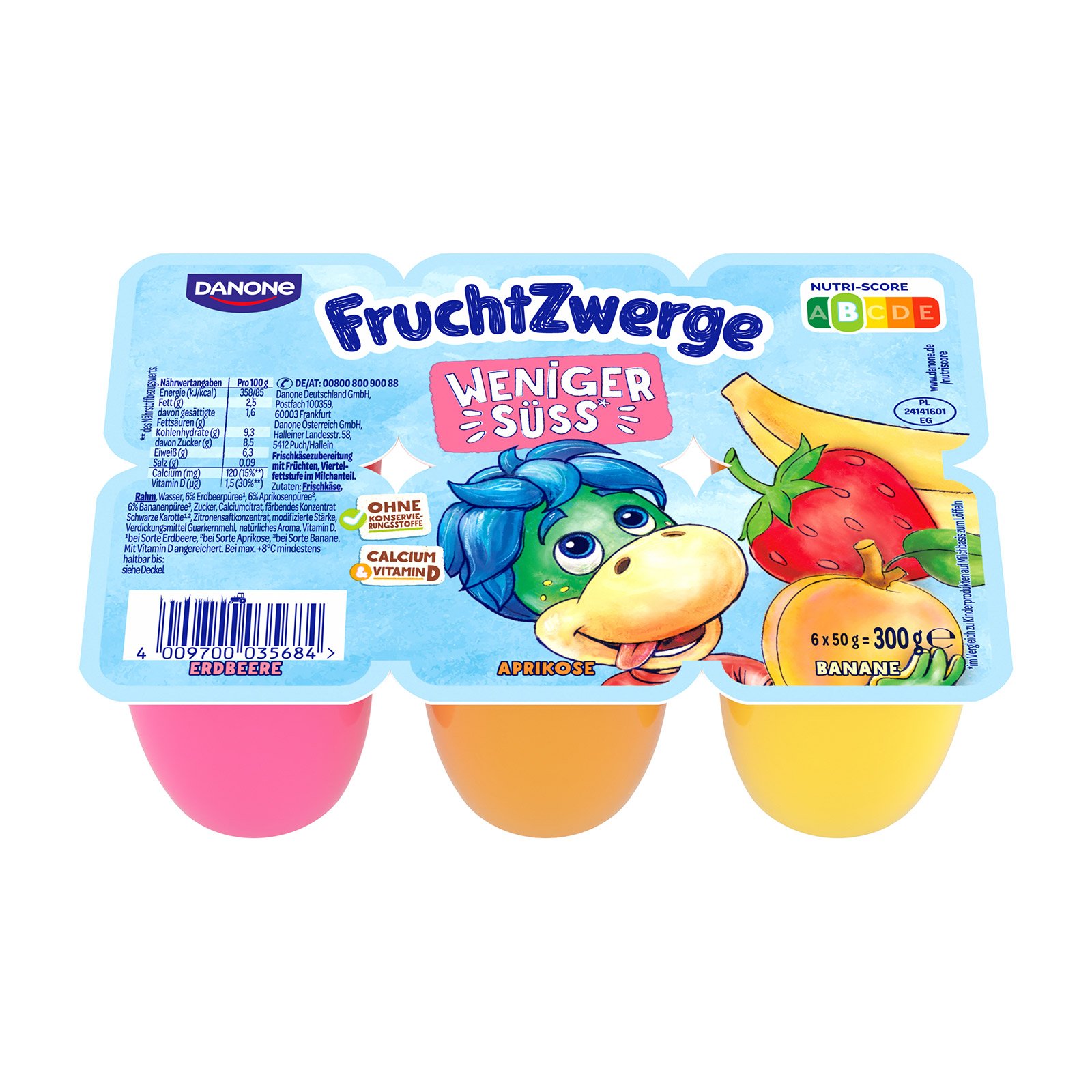 Danone Fruchtzwerge Erdbeere Marille Banane weniger süß