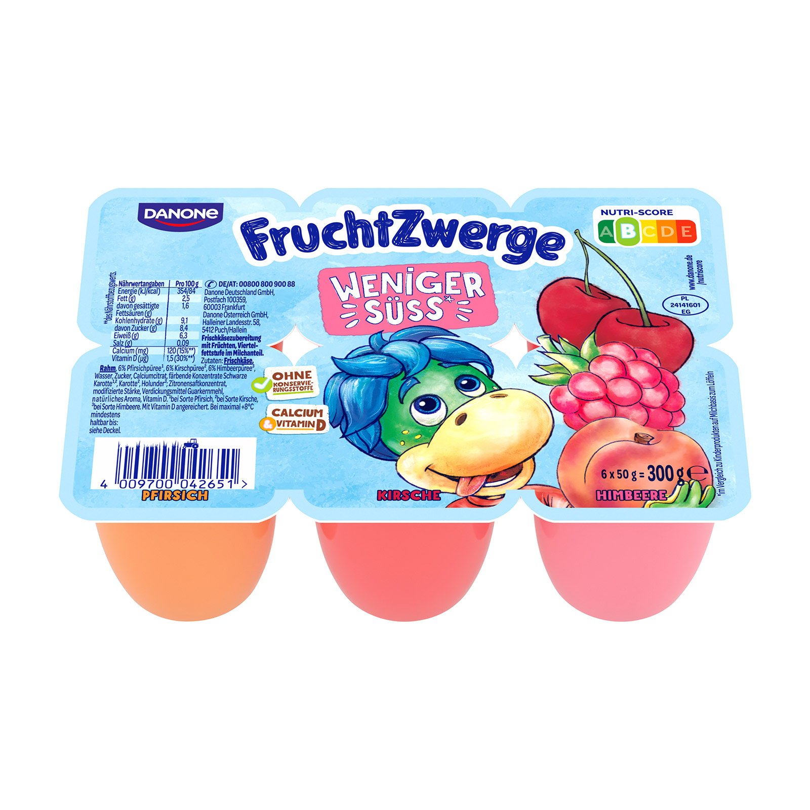 Danone Fruchtzwerge Pfirsich Kirsche Himbeere weniger süß