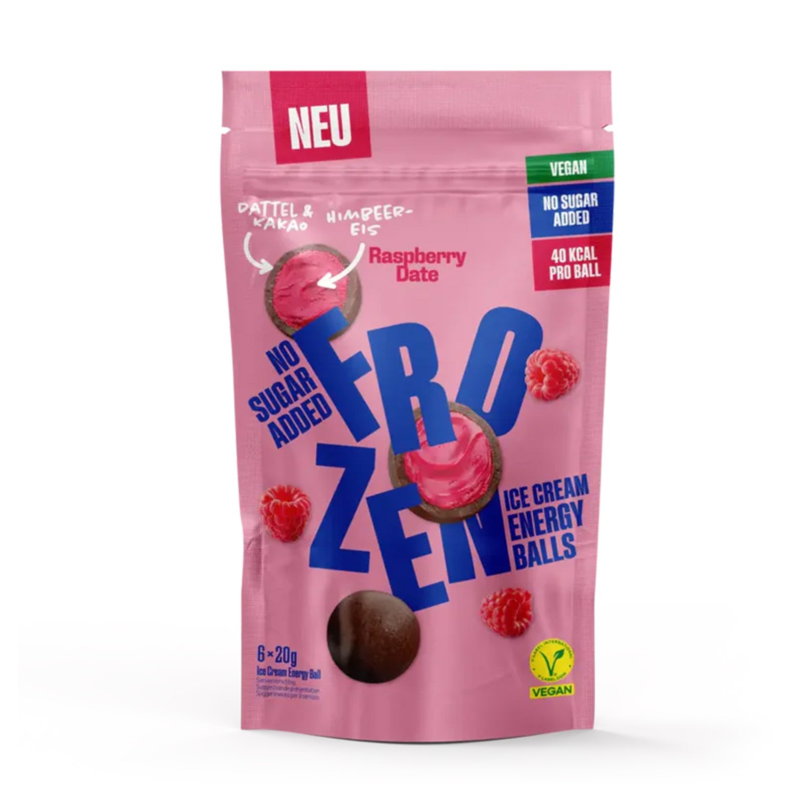 Frozen Power Energy Balls Himbeersorbet mit Dattel & Kakao Hülle