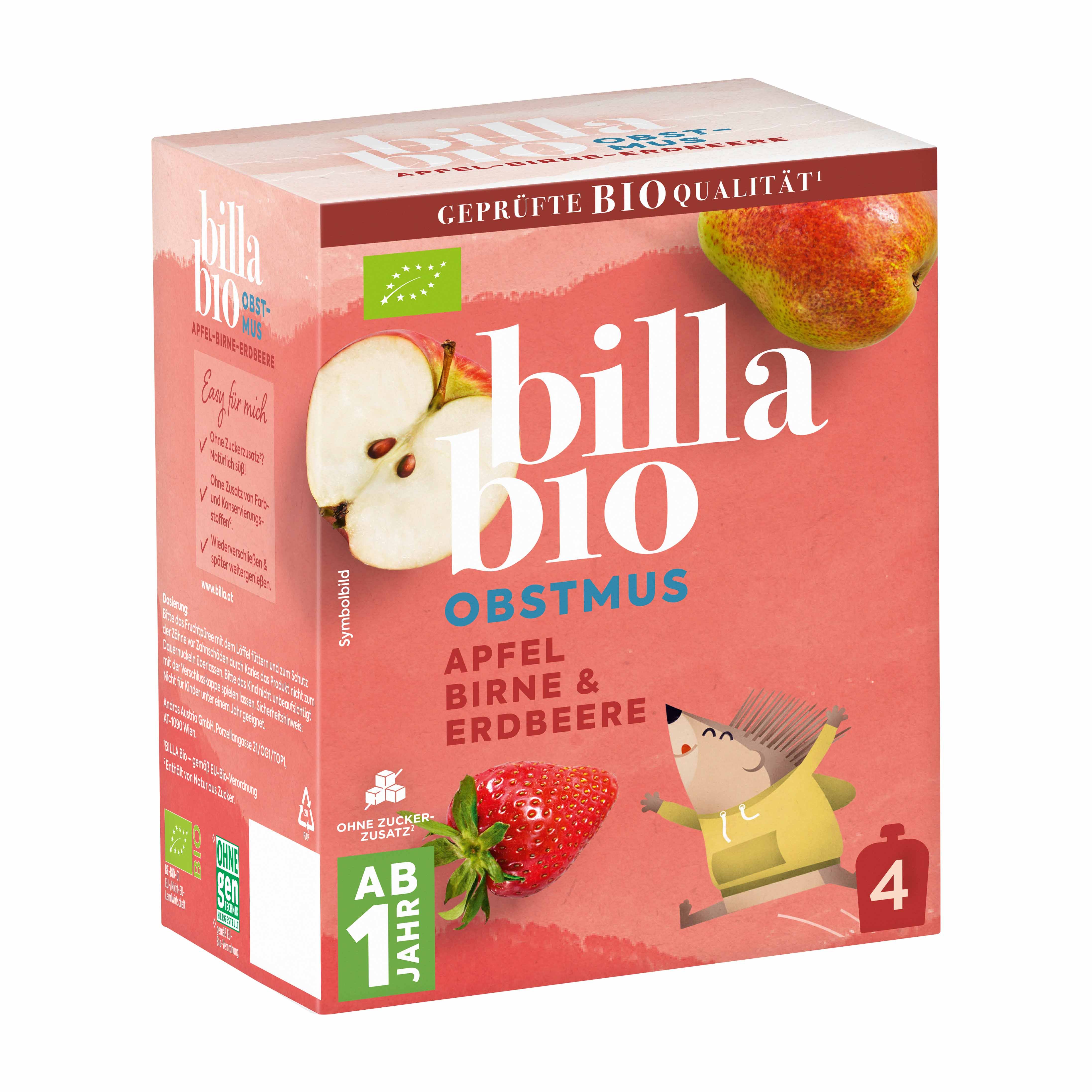 BILLA Bio Obstmus Apfel, Birne & Erdbeere 4er