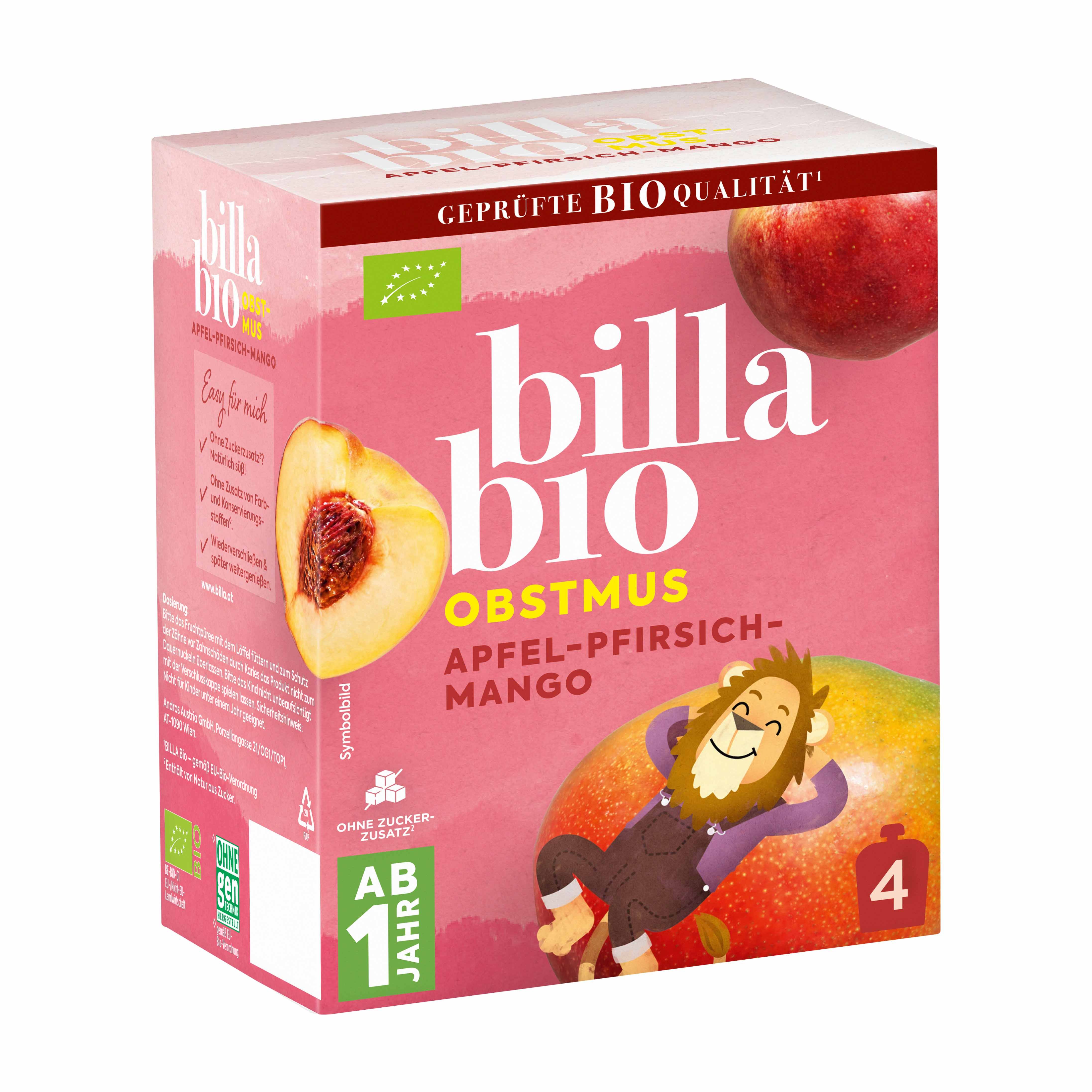 BILLA Bio Obstmus Apfel, Pfirsich & Mango 4er