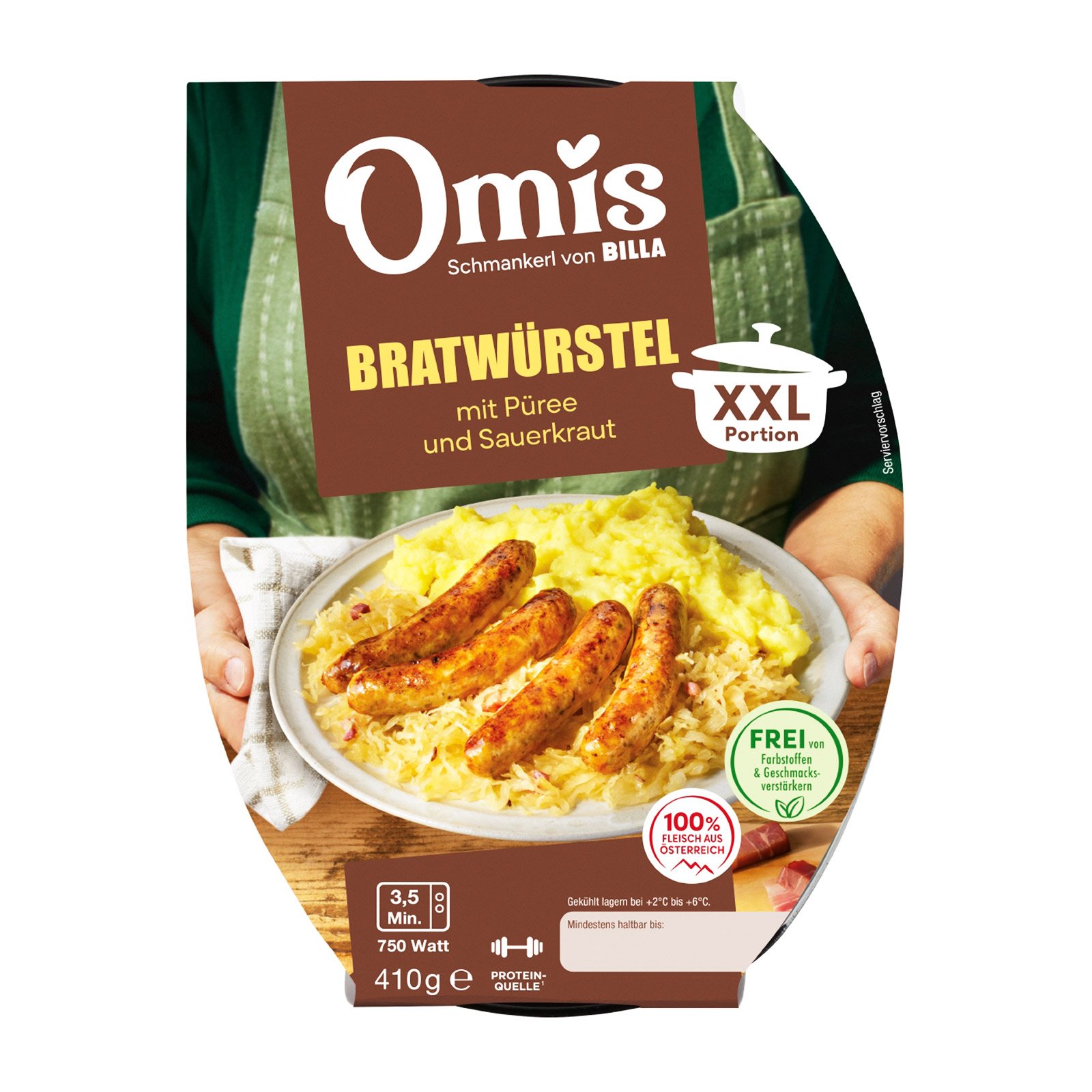 Omis Schmankerl Xxl Bratwürstel mit Püree und Sauerkraut